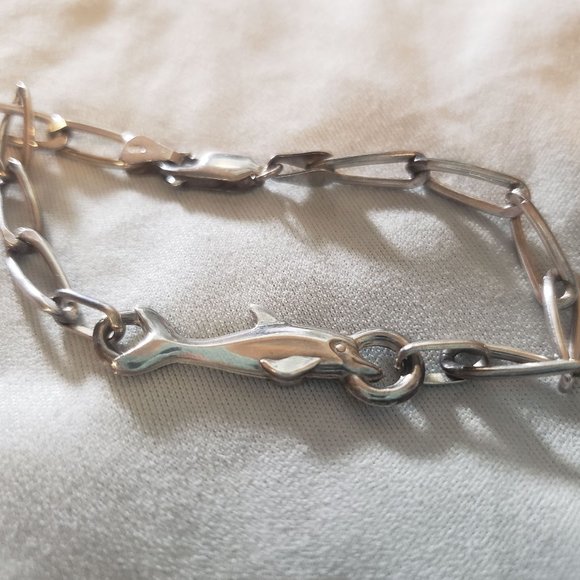 Sterling Dolphin Bracelet Chain Link Anklet Small - Picture 1 of 6